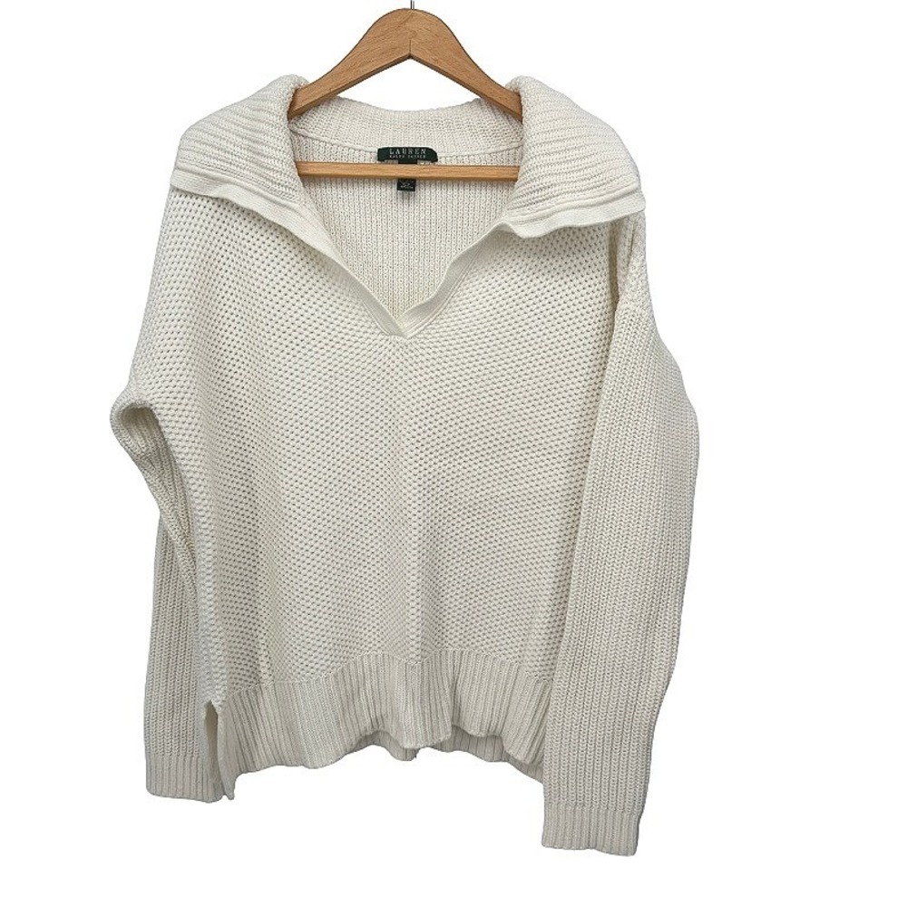 Lauren Ralph Lauren Preppy Sweater White Knit Split Neck Pullover Open Weave LG‎